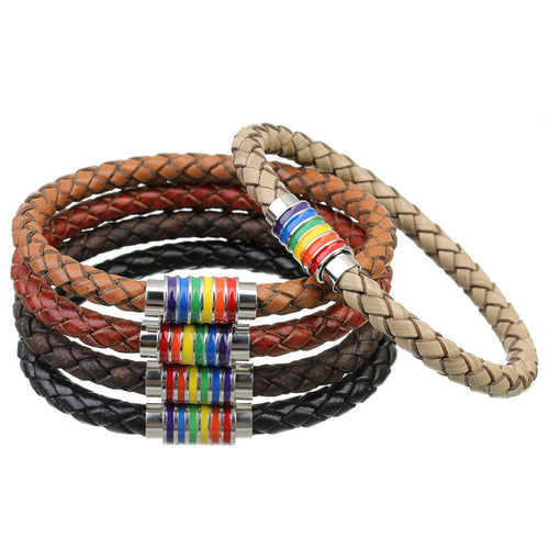Genuine Braided Leather Bracelet with Stainless Steel Rainbow
