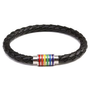 Genuine Braided Leather Bracelet with Stainless Steel Rainbow