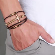 Adjustable Rope Chain Leather Cross Bracelet