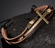 Adjustable Rope Chain Leather Cross Bracelet